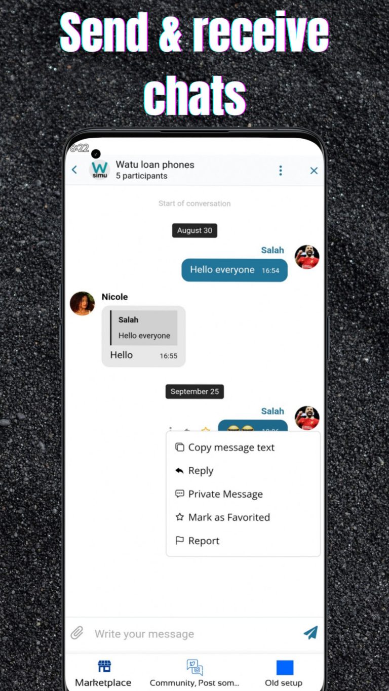 Watu Marketplace app, chats